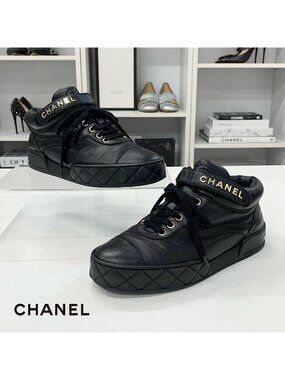 Chanel CC Logo Quilted Leather Velcro Sneakers Black
